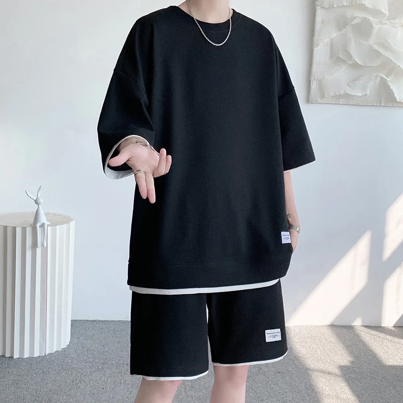 

Повседневные мужские комплекты из вафельной ткани, простой короткий комплект, одежда, свободная футболка с круглым вырезом и шорты, Мужская Уличная одежда, цвет женский 4XL