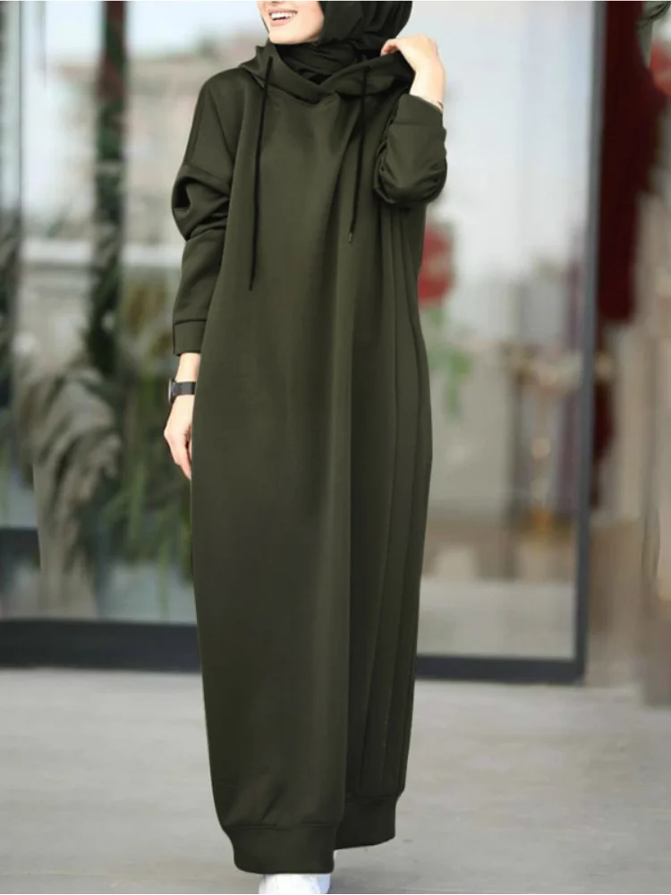 

Women Muslim Dress Sweatshirt Dress 2022 Stylish Hoodies Long Sleeve Maxi Dress Female Casual Solid Hooded Vestidos Robe