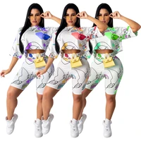 womens two piece printed t shirt and shorts suit summer short sleeve o neck casual jogging cycling shorts woman sexy outfit