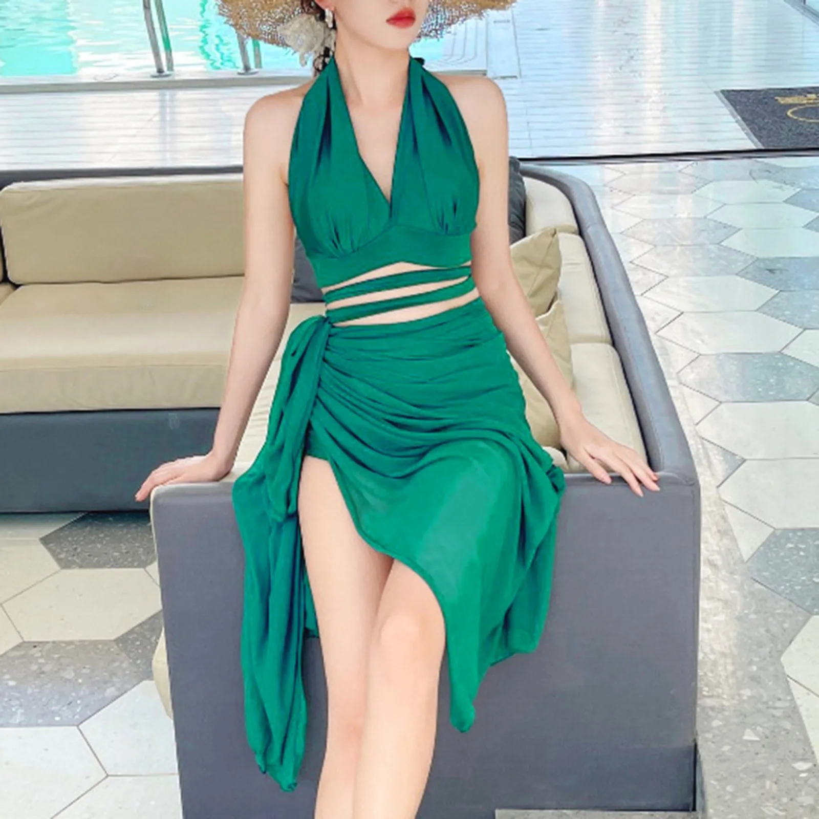 

Женский Новый женский сексуальный купальник-тройка, однотонный купальник для отпуска, спортивный микро-бикини