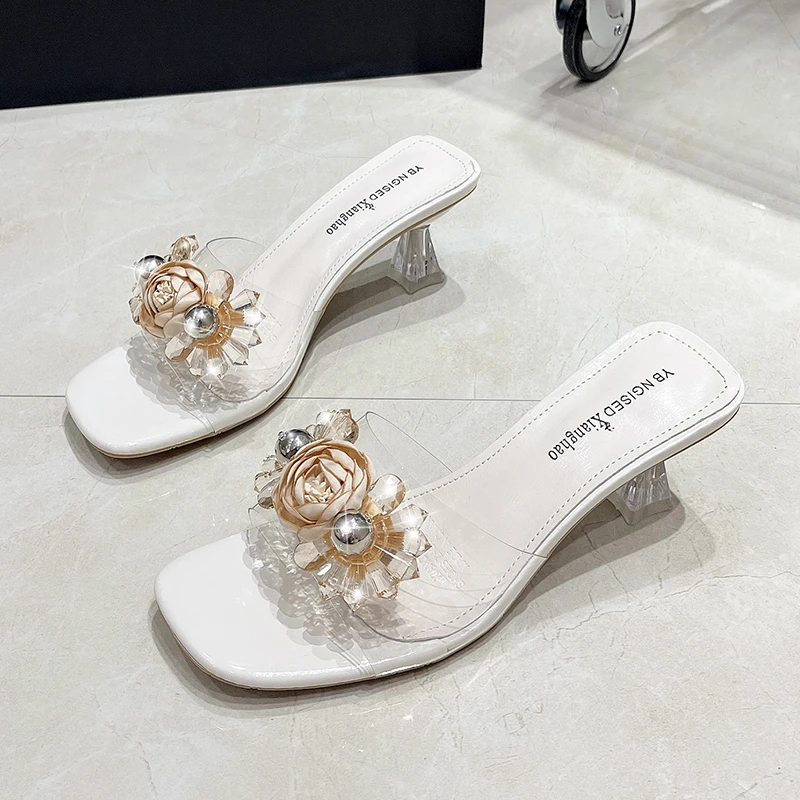 

Street Fashion Girl Bow Crystal Slippers Sexy Transparent Dress Heel Shoes Summer Pearl Bowknot Design 2022 Elegant Party Sandal