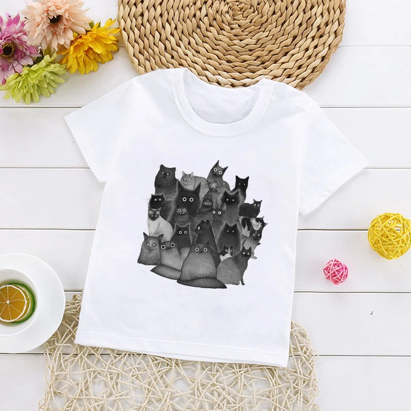 

Повседневные топы для мальчиков и девочек, футболка с цветочным принтом милого кота, Детская футболка с графическим принтом, летняя новая м...