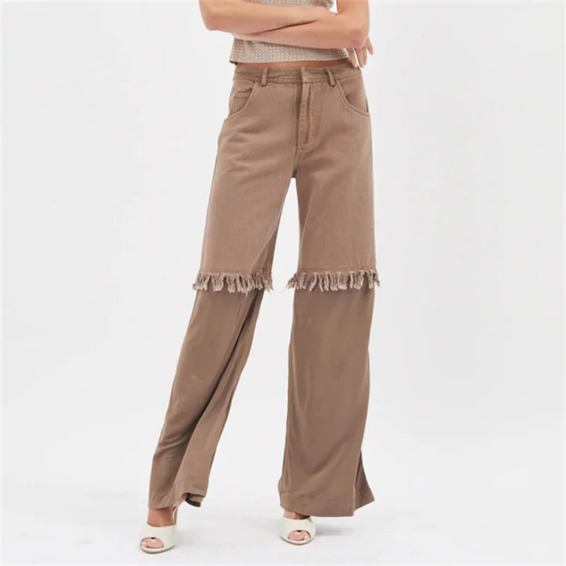 Women's Jeans 2023 Summer New Korean Fashion Splice Women's Pants Vintage Raw Edge Decoration Trousers y2k Wide Leg Pants traf