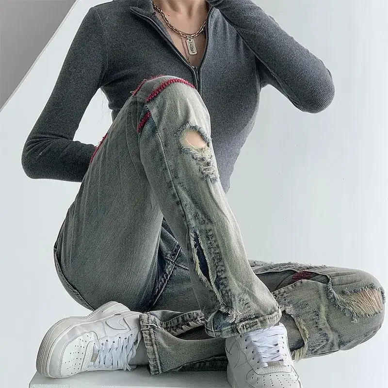 Прямые рваные джинсы контрастных цветов для женщин уличная одежда y2k нишевые