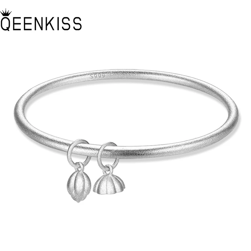 

QUEENKISS BT6165 Fine Jewelry Wholesale Fashion WomanGirl BestieMother Birthday Wedding Gift Lotus Plain Silver Bracelet Bangle