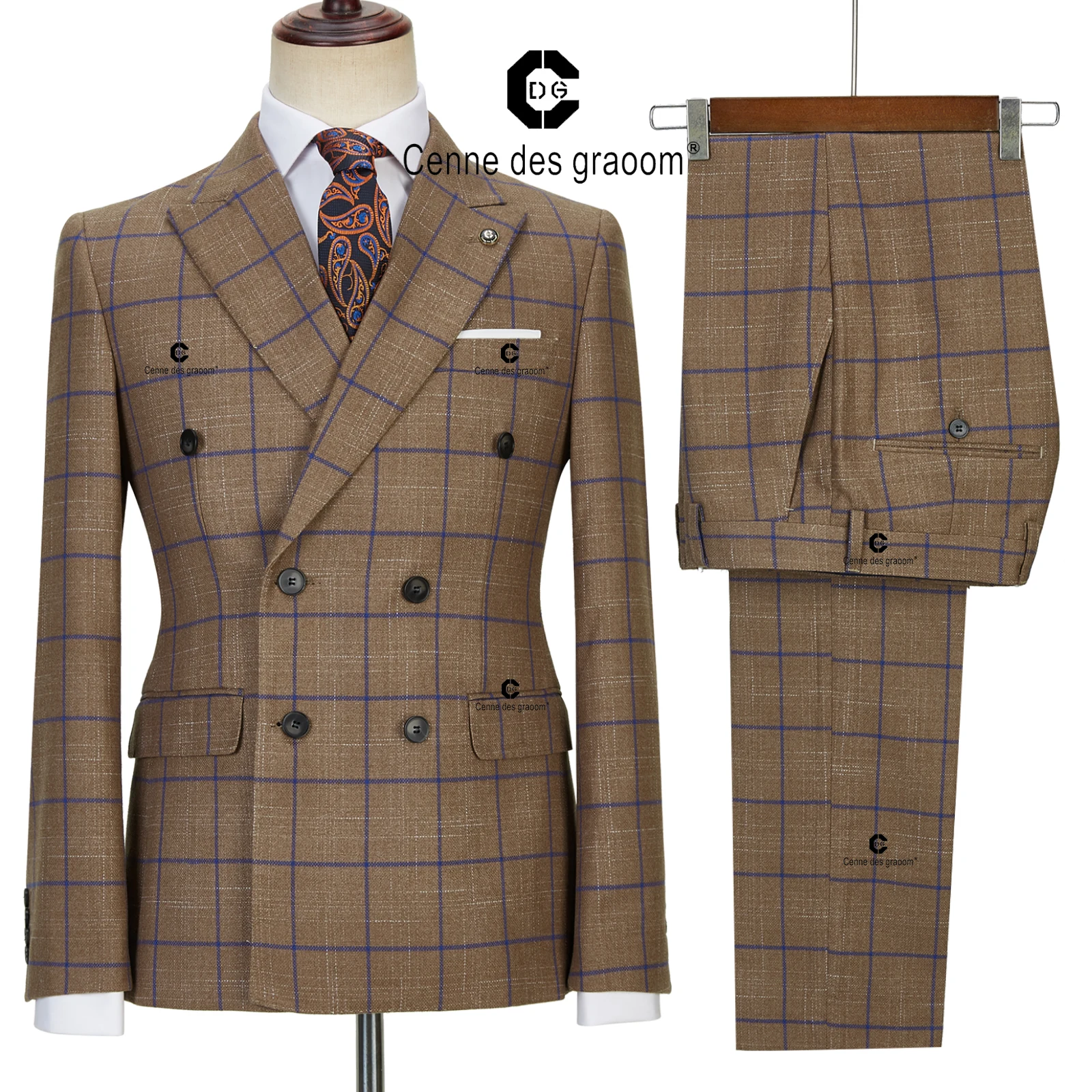 

Cenne Des Graoom 2022 New Wool Plaid Suits For Men Double Breasted Brown 2 Pieces Set Blazer Pants Wedding Party Meeting Office
