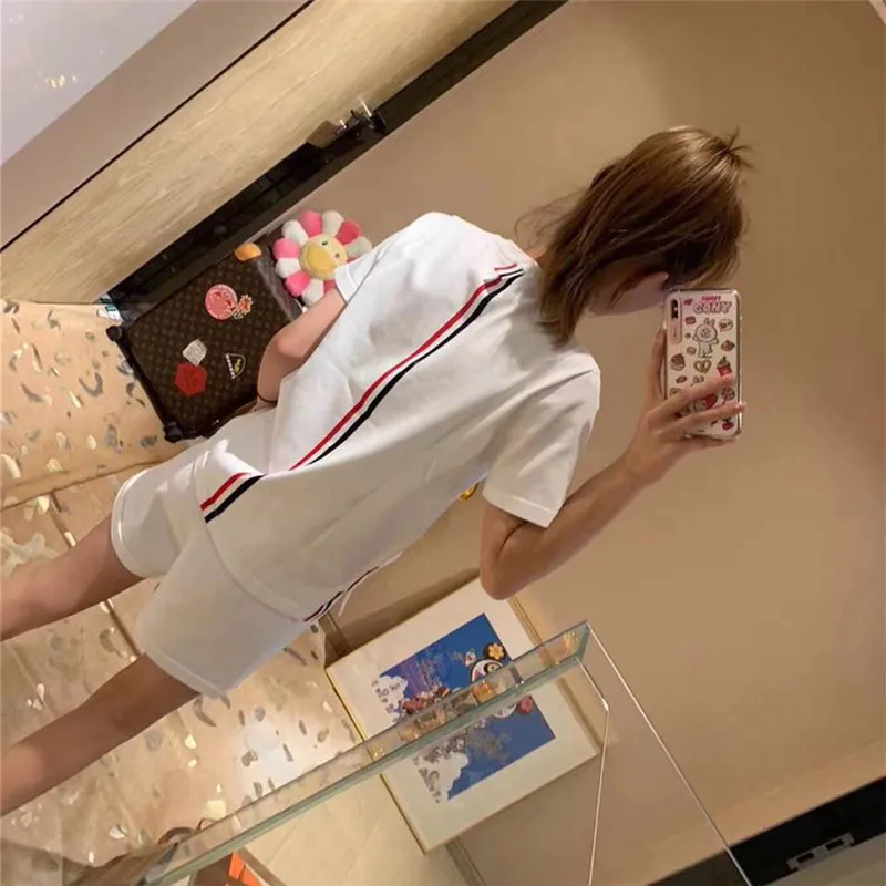 Net red super hot TB back color-blocked striped ice silk knitted T-shirt women's shorts casual sports two-piece suit summer