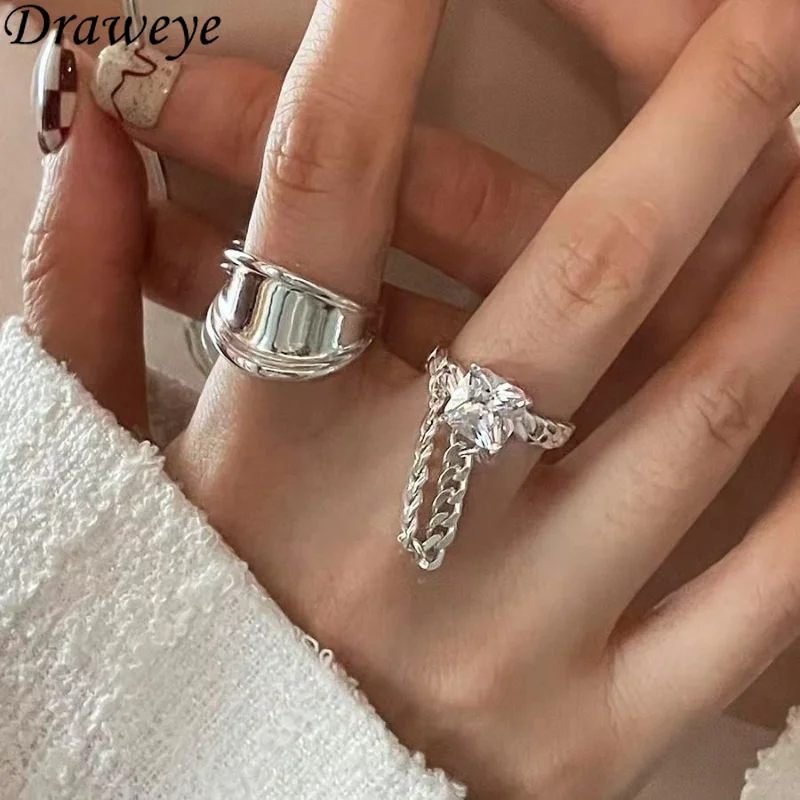 

Draweye Jewelry for Women Silver Color Adjustable Geometric Vintage Cuff Rings Hiphop Chains Y2k Simple Design Anillos Mujer