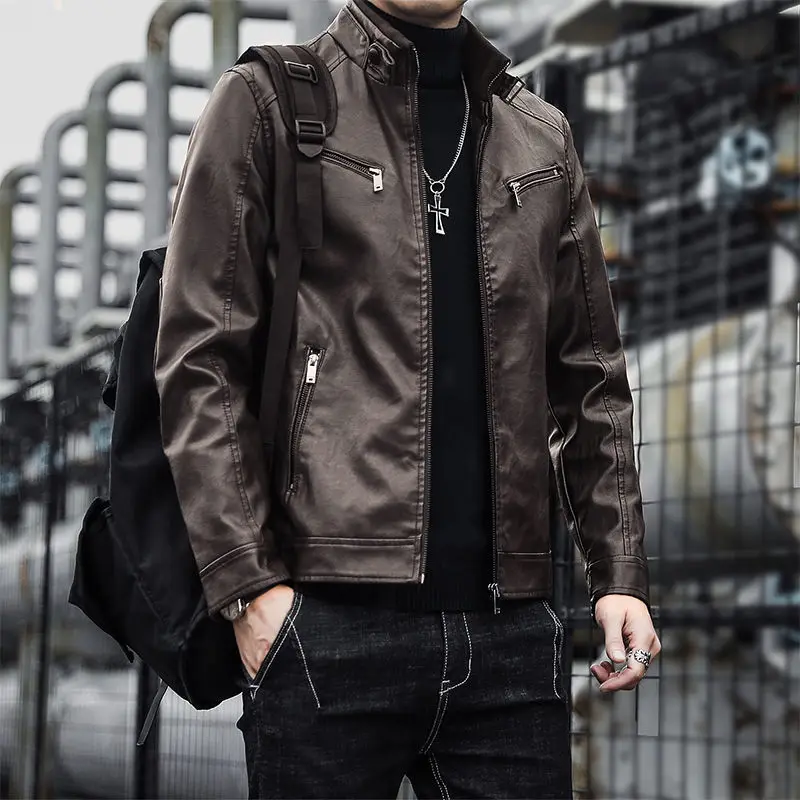 

2022 Men Faux Leather Jacket Outwear Casual Fashion Stand Collar Motorcycle Korean Slim Side Jacket Men PU Leather Coats W420