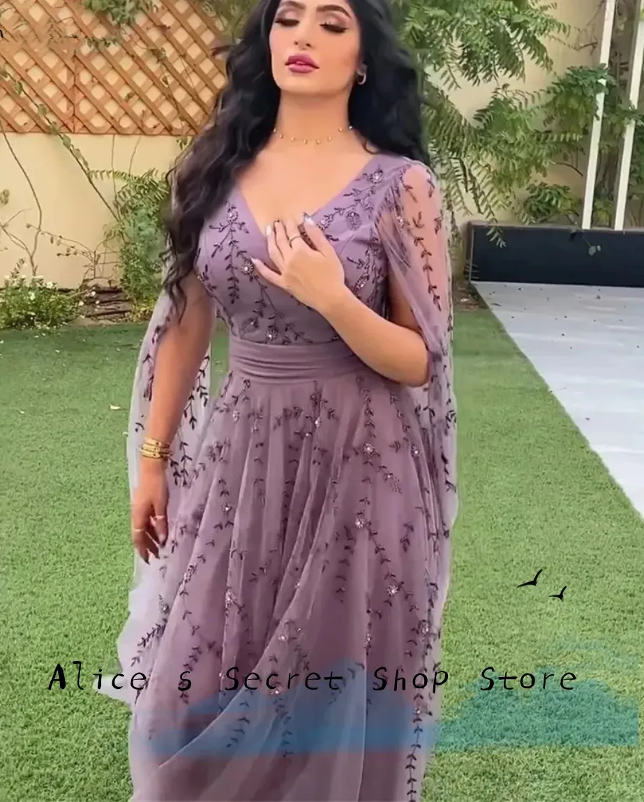 

Illusion Tulle Lace Purple Evening Dress For Women V-Neck With Exquisite Appliques Custom Formal Party Gown/Bespoke Dress