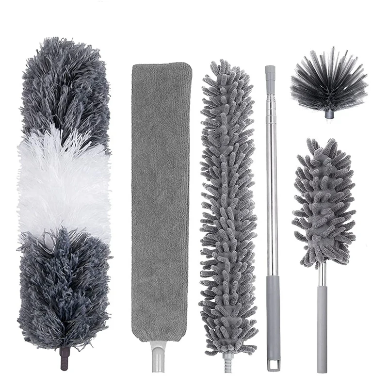 HOT 6Pcs Duster Cleaning Kit,Extendable Microfiber Feather Duster for Cleaning Dust Cobweb Ceiling Fans Lights Blinds Cars