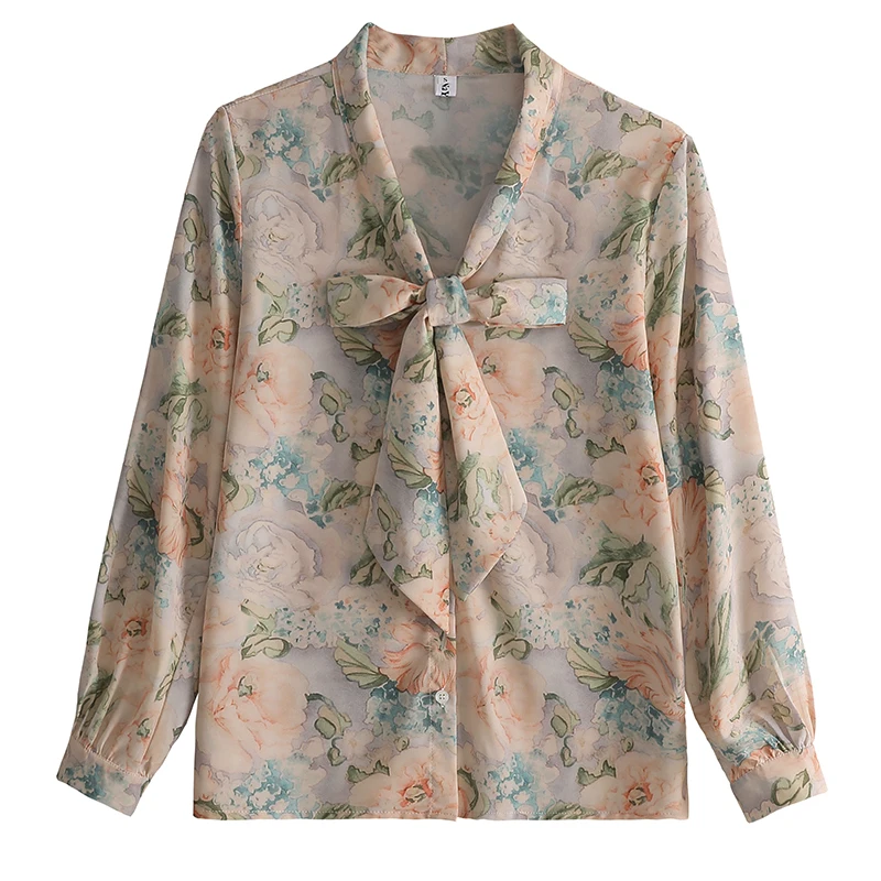 

Шифоновая рубашка с бантом, весенне-осенний цветочный шифоновый топ с рукавами-фонариками, женская летняя тонкая рубашка
