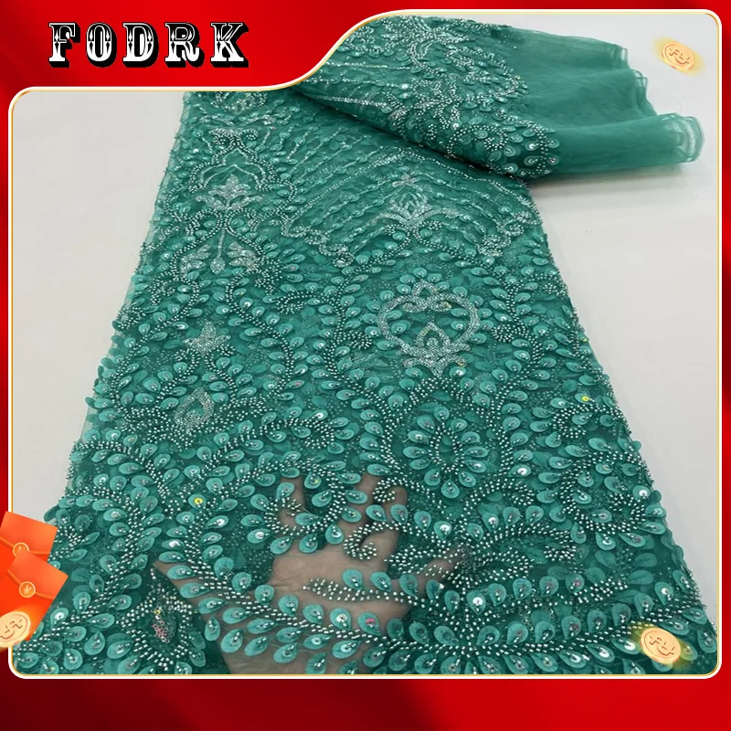 

2023 High Quality Luxury African Lace Fabric tube beads Sequins Embroidery Tulle Evening Dresses For Women Fabrics Sewing 5Yard