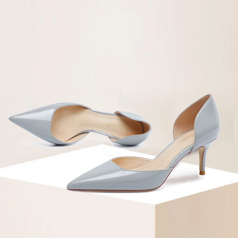 Pointed Toe Stiletto Medium High Heels Women New Sexy 6cm Pumps Patent Leather Hollow Slip-on Gray Daily Wear Work Shoes