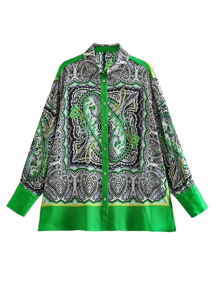 

Women 2023 spring New Fashion position Print Blouses Vintage Long Sleeve Button-up Female Shirts Chic Tops