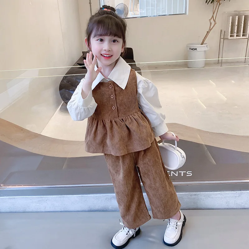 

Kids Clothes Girls Spring Autumn Kids Clothes Lantern Sleeve Blouse Vest and Pants Three Piece Set Turn-down Jackets Cute Sweet