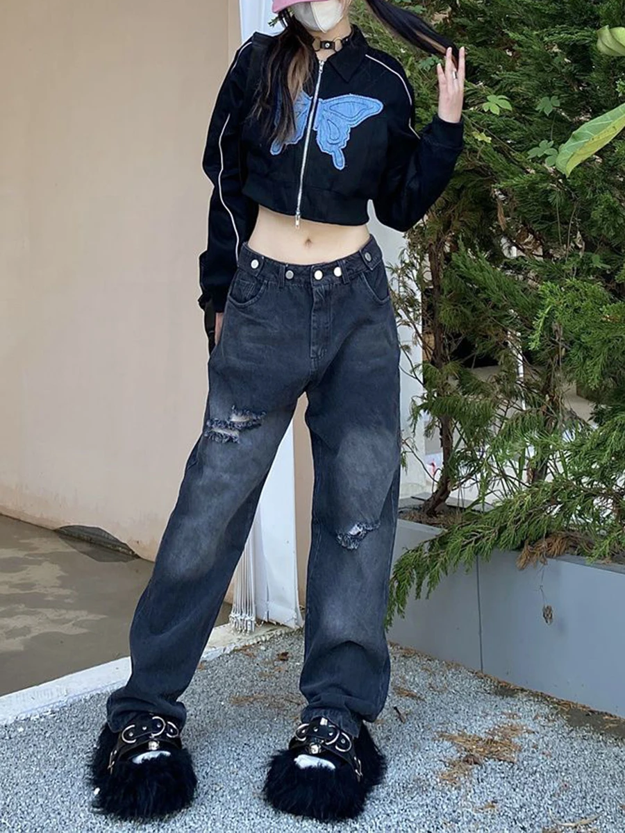 

Women's Sweatshirts Spring Cropped Jacket Butterfly Embroidery Pattern Long-Sleeved Lapel Front Zipper Tops Streetwear Y2k