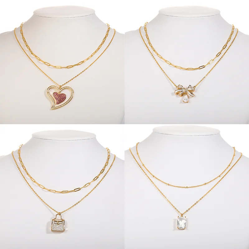 

New Paperclip Link Chains Shiny Zircon Necklace For Women Exquisite Heart Pendant Double Layer Chain Fashion Ladies Jewelry Gift