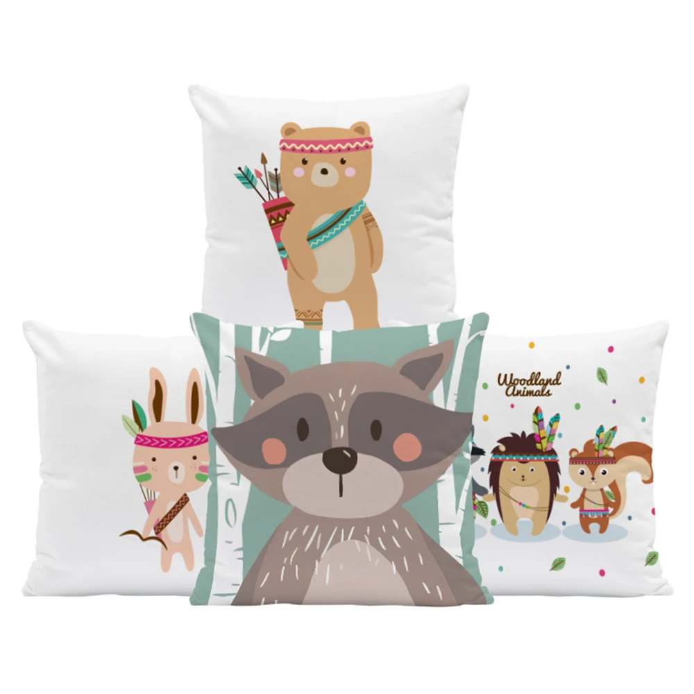

Cartoon Vogel Landschap Kussenhoes Fox Bear Rabbit Hedgehog Animal Polyester Kussensloop Sofa Thuis Decor Woonkamer Kussensloop