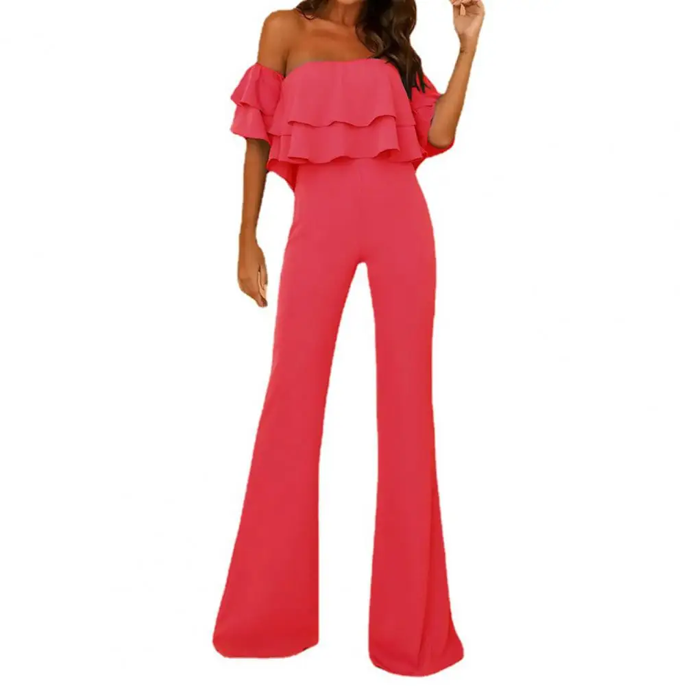 

Lady Off Shoulder Ruffles Bodycon Jumpsuit Back Zipper Slim Bloomers Floor Length Double-layered Women Romper Skinny Streetwear