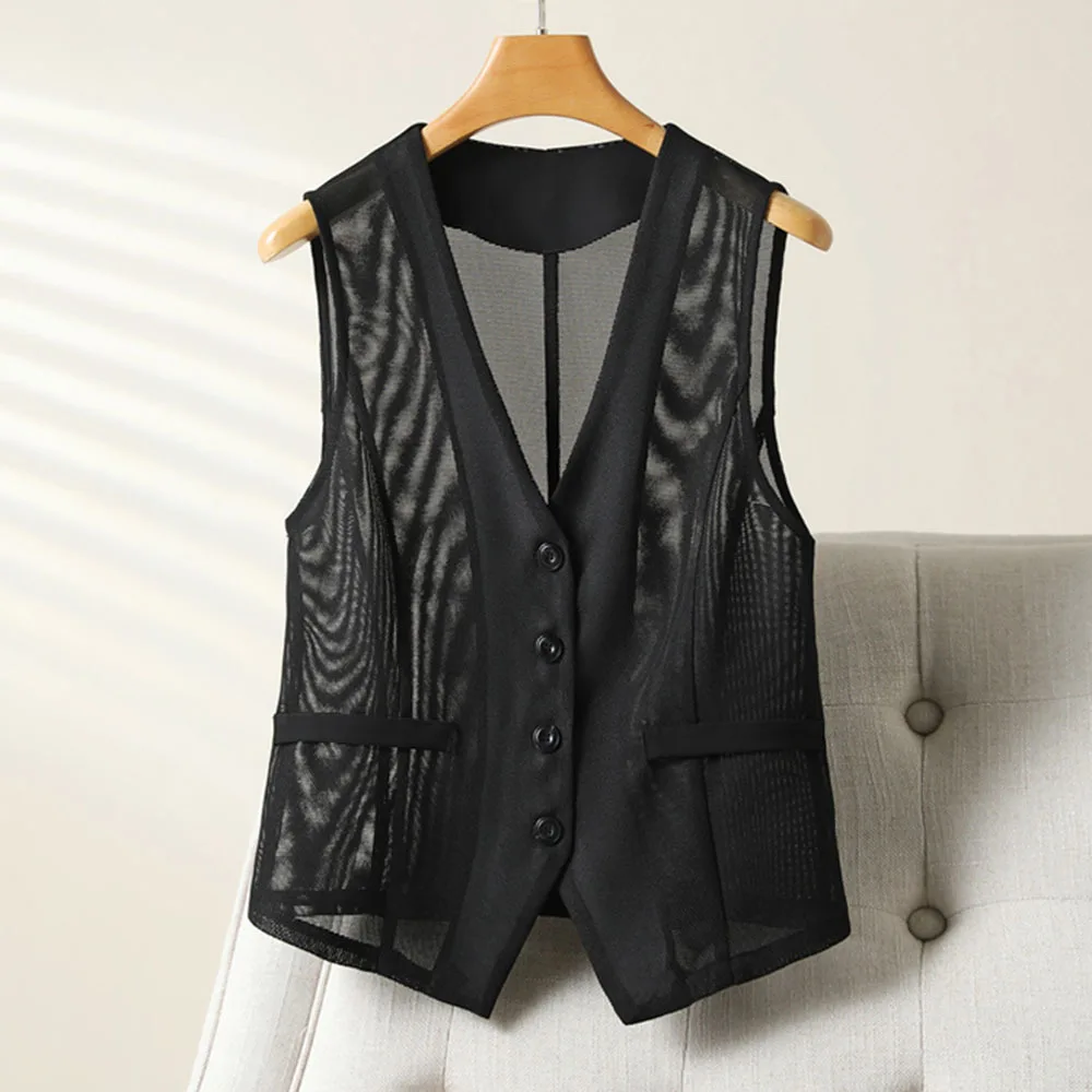 

Women Fashion Waistcoat Vintage V Neck Sleeveless Gauze Jacket Female Casual Loose Outerwear Chic Tops Woman Black Vest Coat