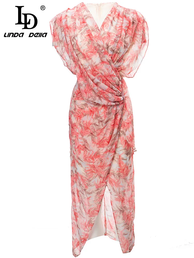 

LD LINDA DELLA 2023 летнее женское модное подиумное праздничное платье с разноцветным принтом, с коротким рукавом, с разрезом, тонкие миди платья
