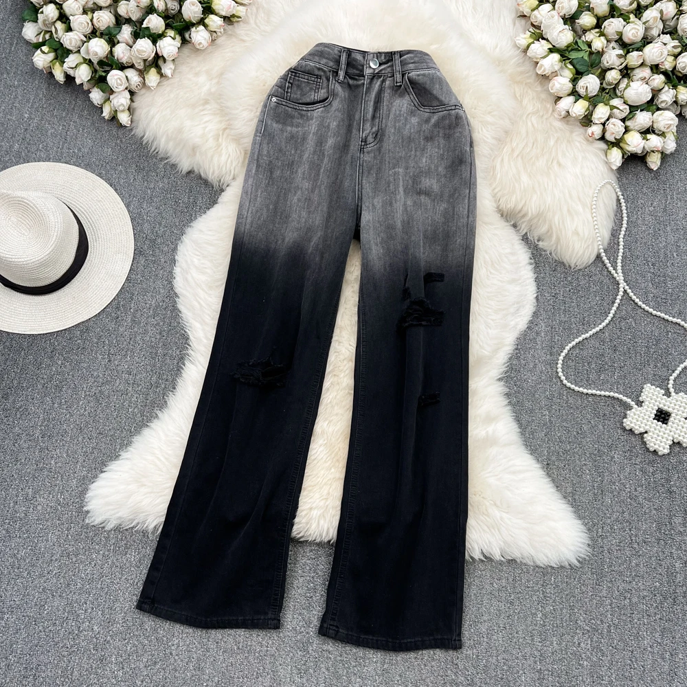 

Ретро Темперамент градиент цвета рваные Высокая талия свободные широкие брюки женские джинсы