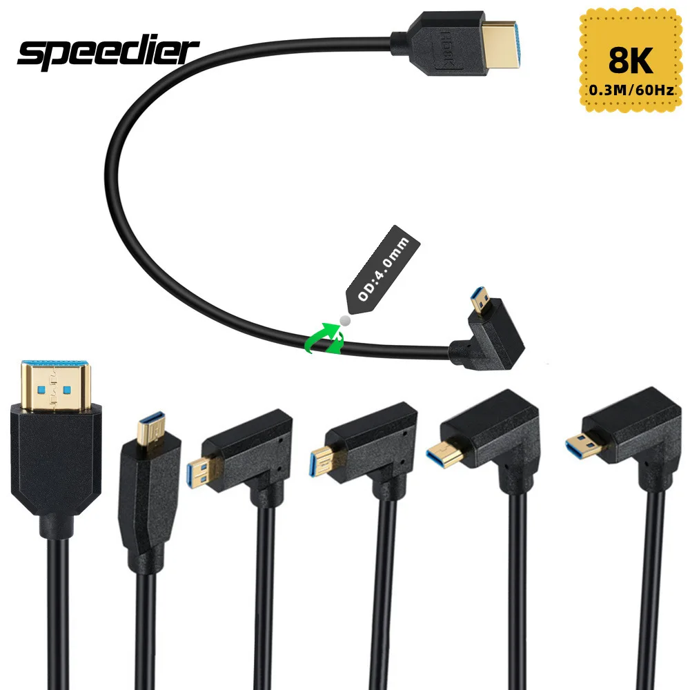 

OD 2,1 мм экстремально тонкий/тонкий угол 90 градусов ультра HD кабель Micro HD к HD 8K кабель для цифровых фотоаппаратов, видеокамер, планшетов