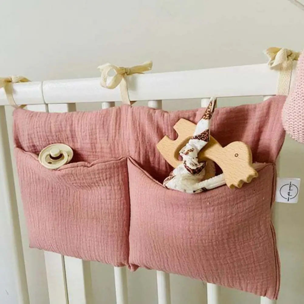 

2 Pockets Baby Crib Storage Bag with Strap Cotton Moisture-proof Bedside Hanging Organizer for Daily Use
