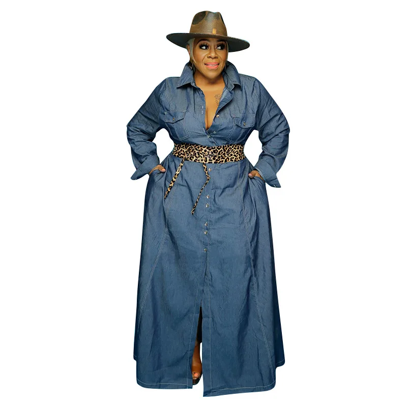 Plus Size Women Denim Dress Shirt Maxi Dress Sexy Lapel Neck Bottoned Long Dresses With Long Sleeves Vestidos De Mujer Casual