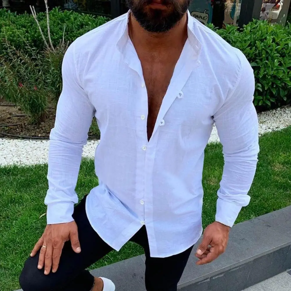 

Pure Color Single-breasted Men Shirt Slim Casual Male Spring Top All Match Long Sleeve Men Shirt All Match Simple Men Top
