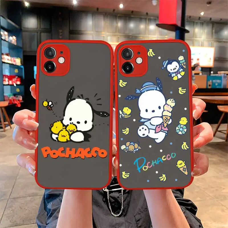 

Cartoon Dog Pochacco Phone Case For iphone 13 12 11 Pro Mini Max XS X 8 7 Plus SE 2020 XR Matte Transparent Light red Cover