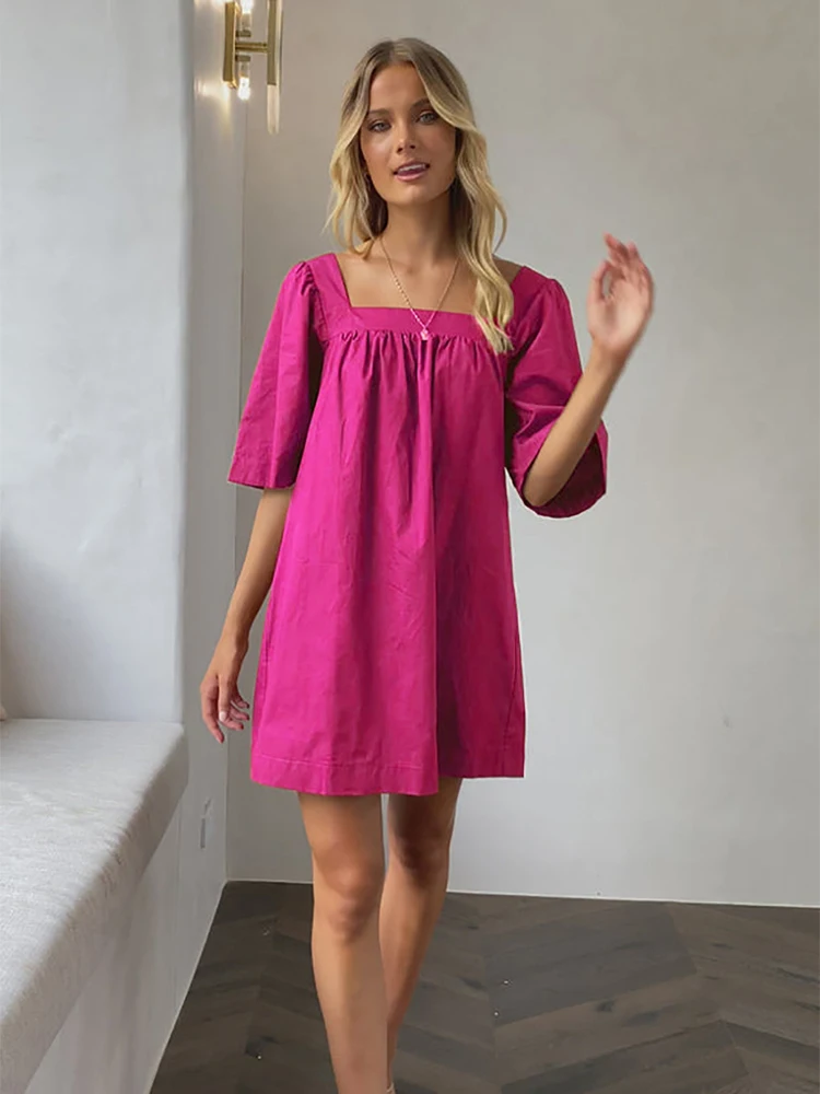 

KBAT 2022 Summer Holiday Dress Square Collar Rose Pink Mini Dress Pleated Flare Sleeve Casual Loose Women Clothes Summer Dresses