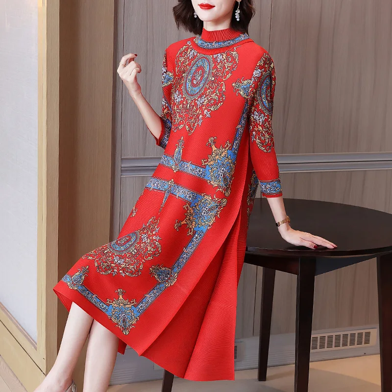 YUDX Miyake Pleat French High-end Print Miyake Pleated Spring Elegant Party Dresses for Women 2023 Loose Plus Size Age-reducing