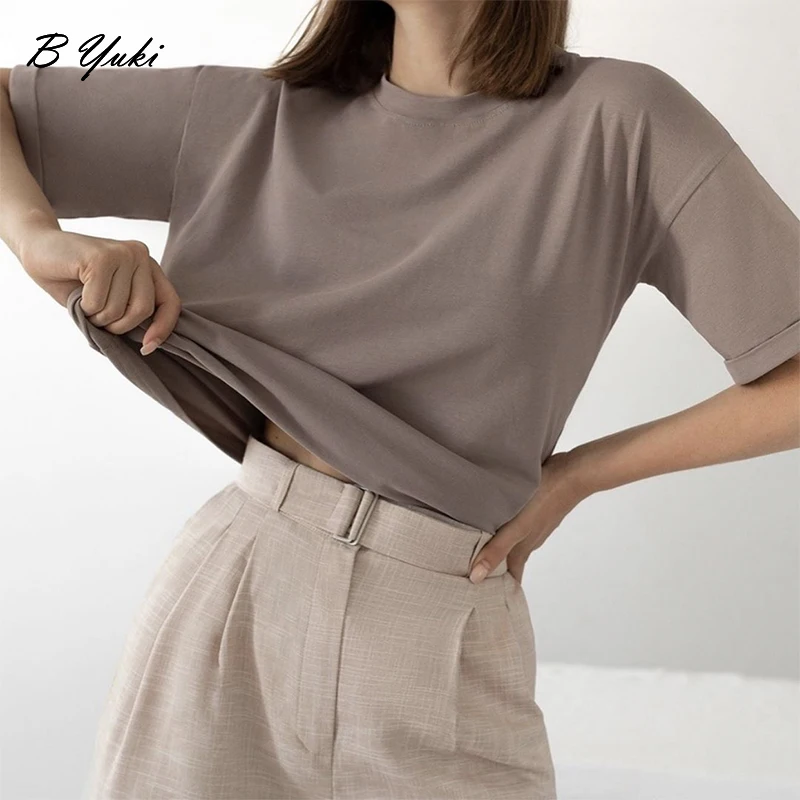 Blessyuki 100% Cotton Soft Basic T Shirt Women 2022 Summer New Oversized Casual Solid Tee Female Loose Short Sleeve Simple Tops