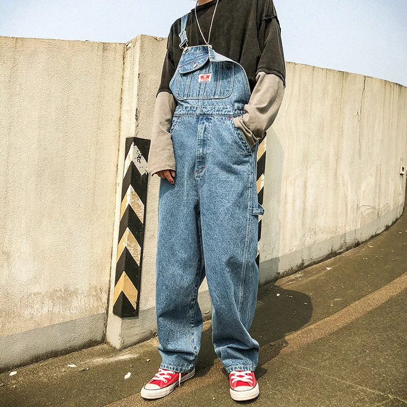 Strap Jeans Loose Wide-leg Pants Men American Straight Casual Daddy Suspenders Overalls Cargo Workwear Denim Jumpsuit