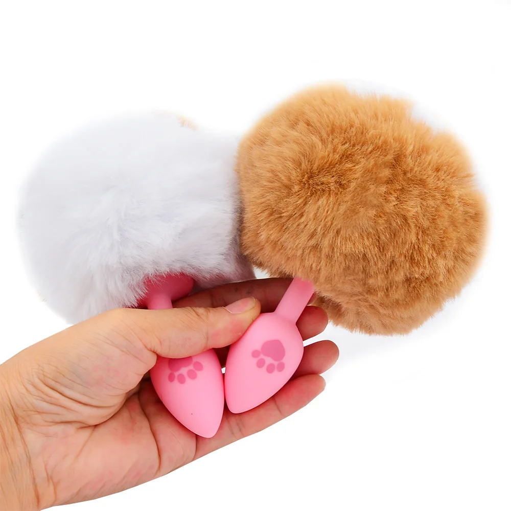 Милая Анальная пробка с хвостом кролика силиконовая в виде кошачьей лапы