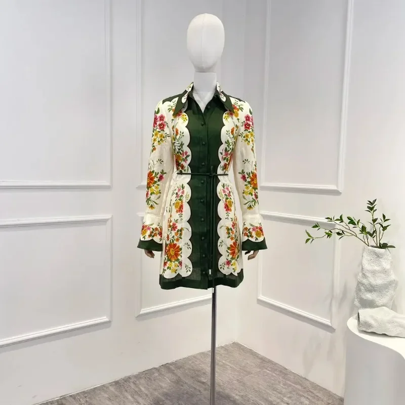 

Linen Green 2023 Fashion Elegant Top Quality Vintage Floral Printing Long Sleeve Frill Buttons Lace-up Woman Casual Dress