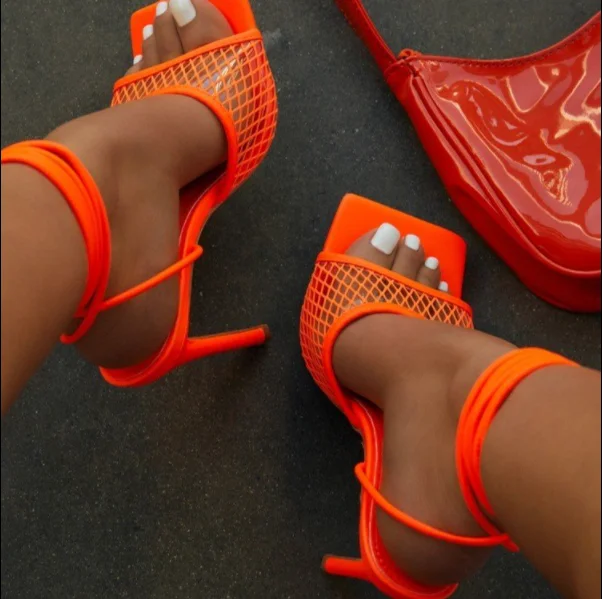 

2022 New Summer Autumn Sexy Mesh Pumps Sandals Female Square Toe High Heel Lace Up Cross-tied Stiletto Hollow Dress Pumps Shoes