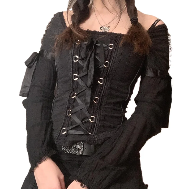 

2000s ретро темная Академия гранж футболка E-girl Kawaii кружевная отделка завязка бандажный корсет Топы Y2K Fairycore винтажные Mall Goth футболки