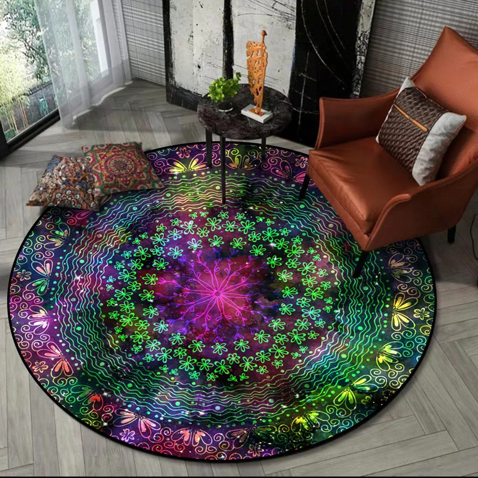 

Colorful Starry Geometric Floral Center Fashion Rug Living Room Retro Ethnic Style Purple Mandala Round Rug Cushion