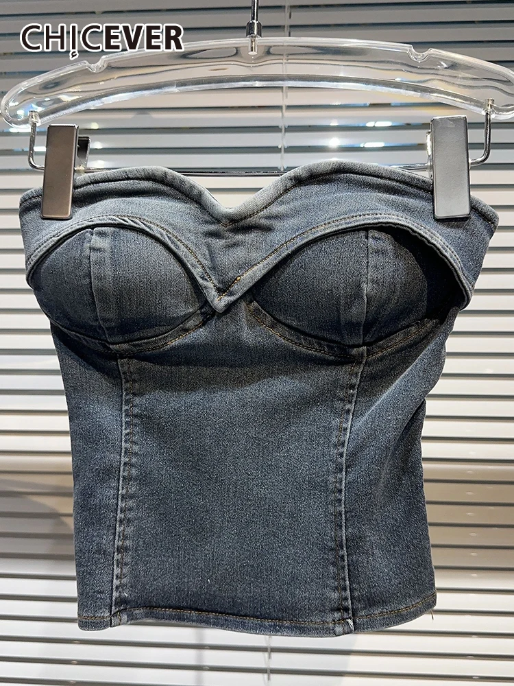 

CHICEVER Sexy Y2K Denim Tank Tops For Women Strapless Sleeveless Off Shoulder Backless Slim Folds Solid Summer Tunic Vest Female