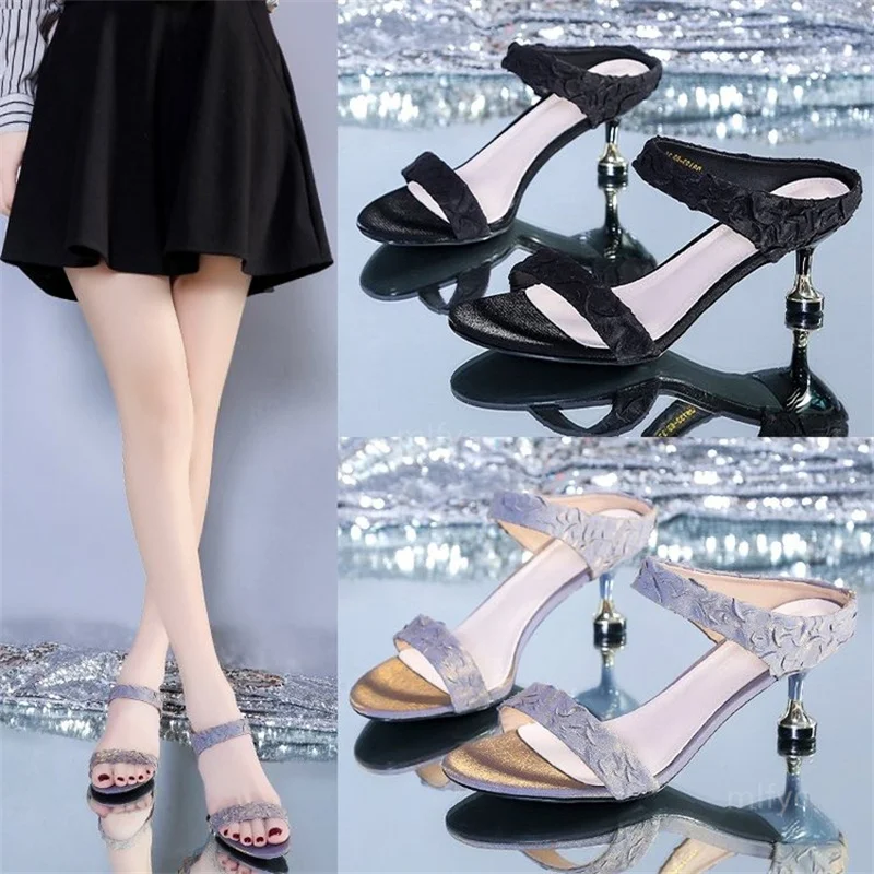 2021 summer new one-line high-heeled sandals and slippers women's fashion temperament stiletto wear cool and half-slip shoes