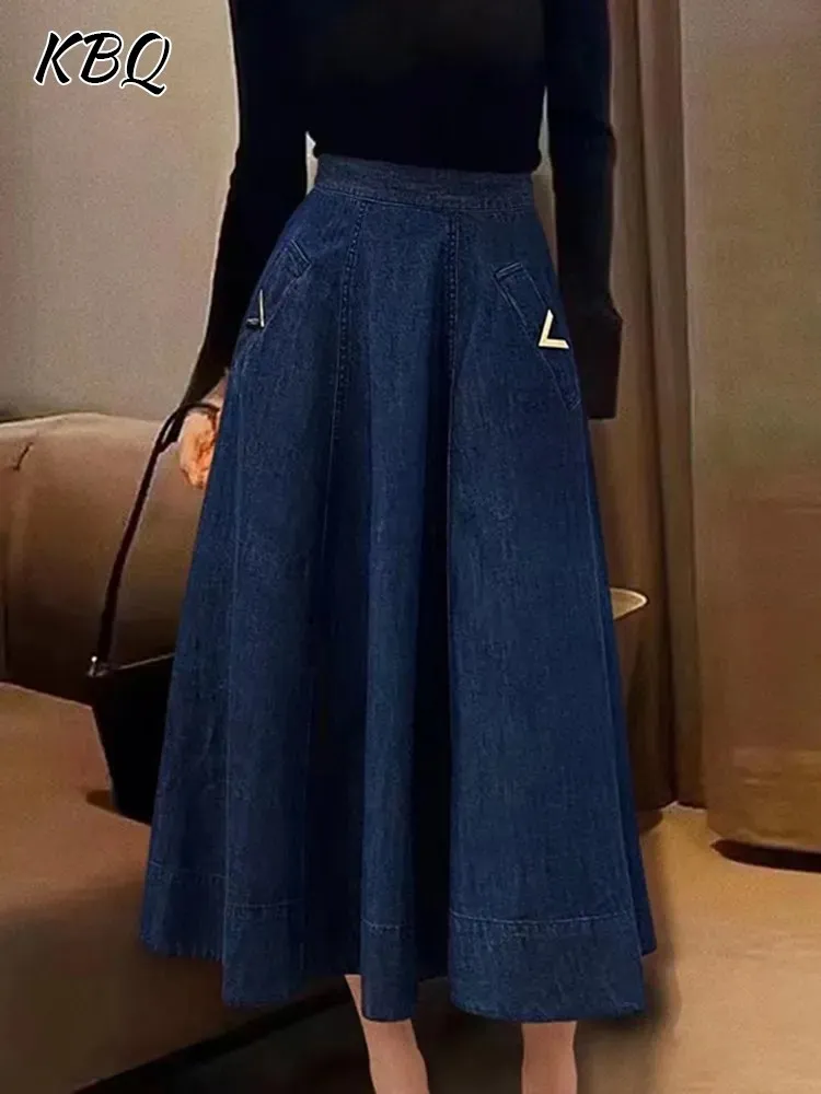 

KBQ Elegant Solid A Line Skirt For Women High Waist Spliced Pocket Tunic Casual Ruched Denim Skirts Female Fashion Clothing New