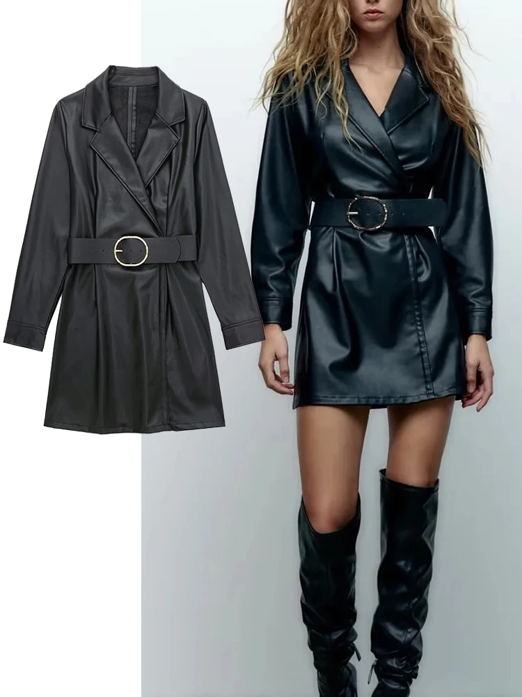 

TRAF 2022 Women Lapel Faux Leather Dress Woman Belt Long Sleeve Casual Women's Dresses Autumn Winter Woman Dress