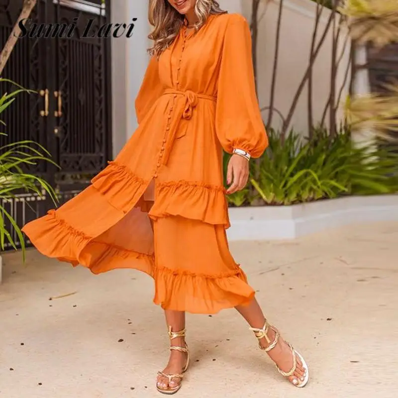 

Spring Orange Solid Color Button Cardigan Dress New Women's Ruffle Long Dress Fashion Ladies Long Sleeve Lace Up Splicing Dress