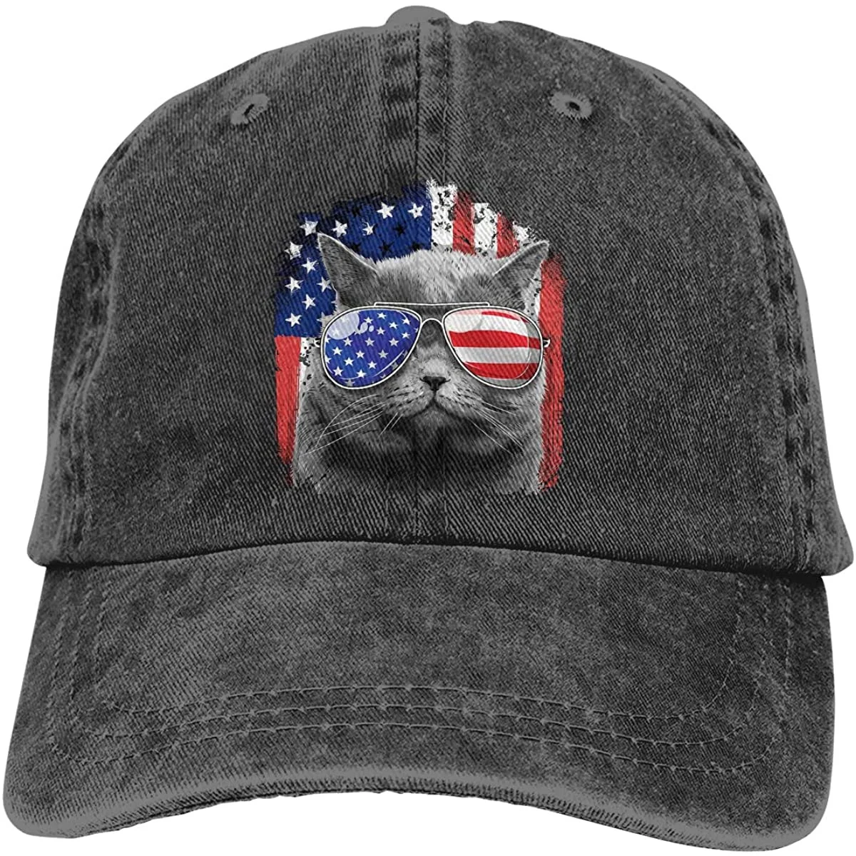 

Cat 4Th Of July Usa Unisex Adjustable Vintage Washed Denim Baseball Cap Usa