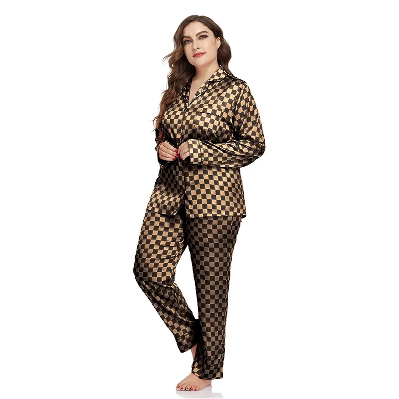 Ladies Plus Size Pajama Set Ladies Ice Silk Pajamas Homewear Cardigan Lapel Long Sleeve Pants Two Piece Set