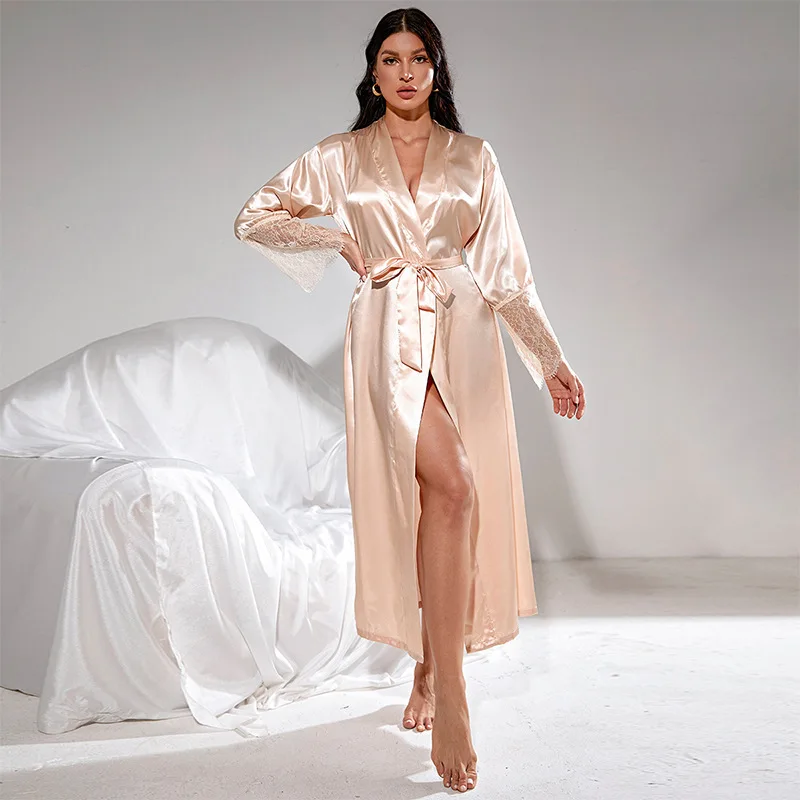 

Autumn Champagne Satin Lace Trim Long Sleeve Women Cardigan Kimono Robe Lady Rayon Bathrobe Yukata Nightgown Sleepwear