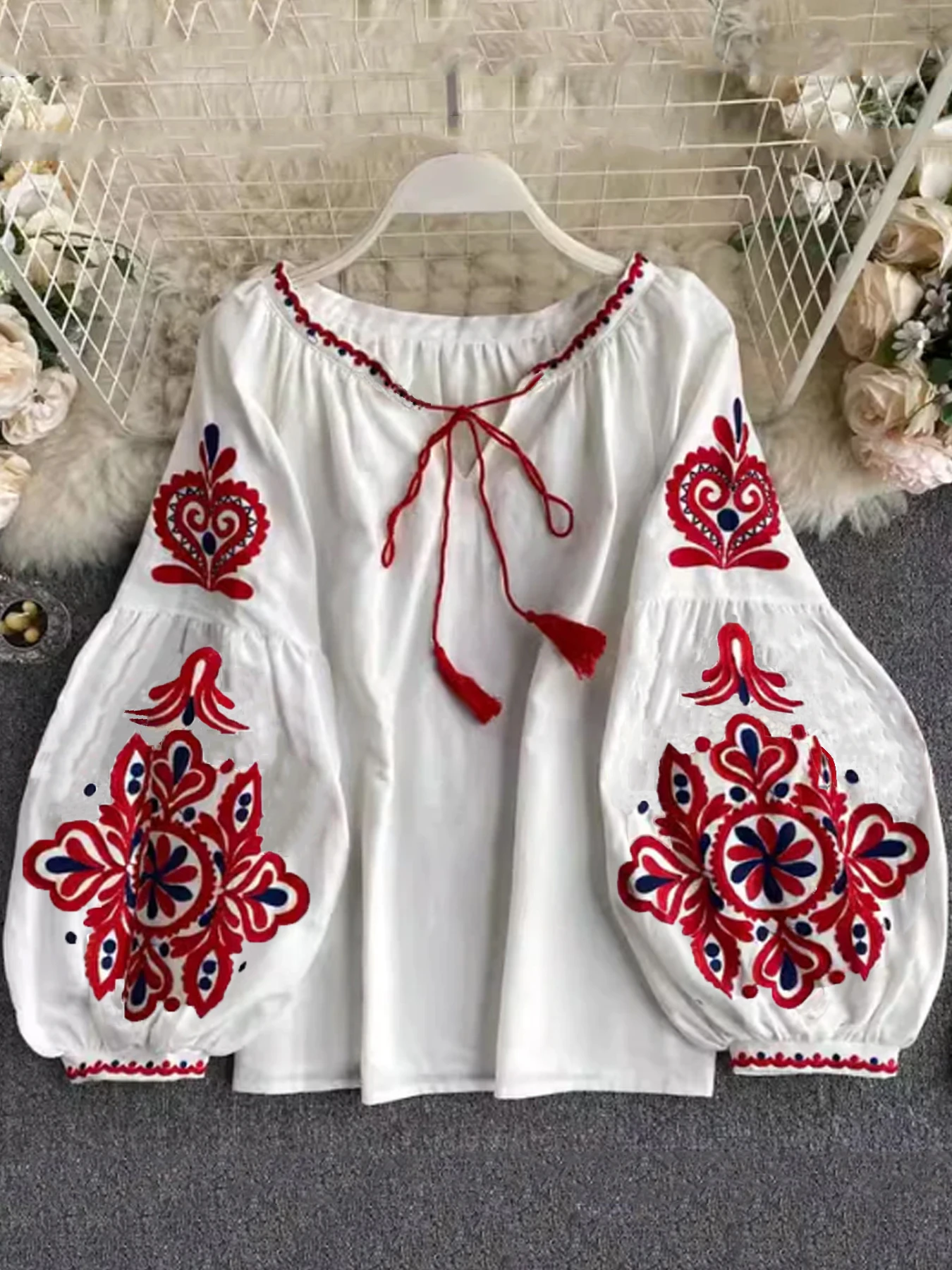 Aamikast винтажная рубашка в этническом стиле с принтом на шнуровке и кисточками